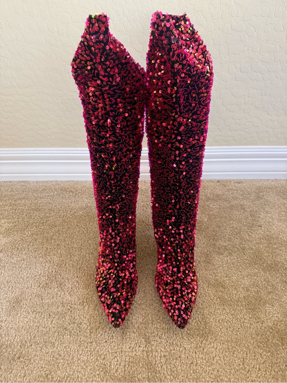 Sequin Over-the-Calf Pointed Boots in Fuchsia
